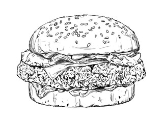 Sketch of a complete hamburger with lettuce, tomato, bacon and cheese. Junk food sketch. Isolated black hand drawn burger.