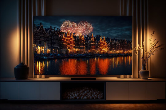 Living Room Wit Large Tv Screen Displaying Fireworks At New Year Celebration In A City Near A River