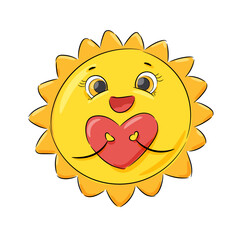 Obraz premium Sweet sun holds a big red heart. Illustration in children's style for a valentine's day card. Cartoon vector illustration.