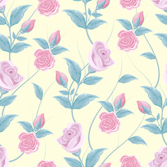 Seamless pattern of gently weaving pink roses, buds, leaves and thin branches on a delicate yellow background. Vector. Perfect for wallpaper, textiles, packaging paper