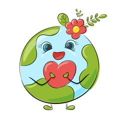Planet Earth with heart in hand. Preservation of ecology. World peace. Charity for the preservation of the planet. Vector illustration in children cartoon style.