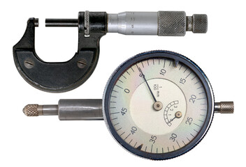 A micrometer for making precision measurements and a dial gauge for shaft runout measurements on an isolated background. - obrazy, fototapety, plakaty