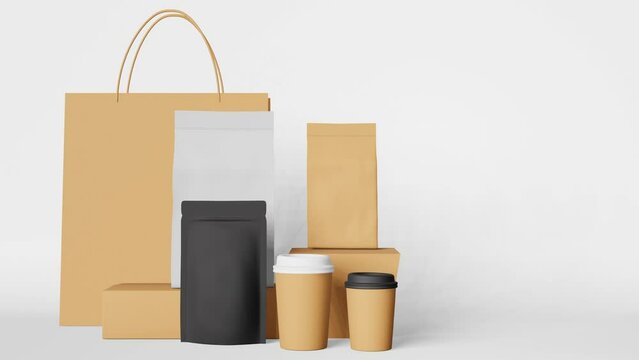 Packaging set paper shopping bag black pouch coffee cups box mockup 3D animation. Take away food delivery sale banner. Shop discount demonstration. Merchandise promo design Blank product pack template