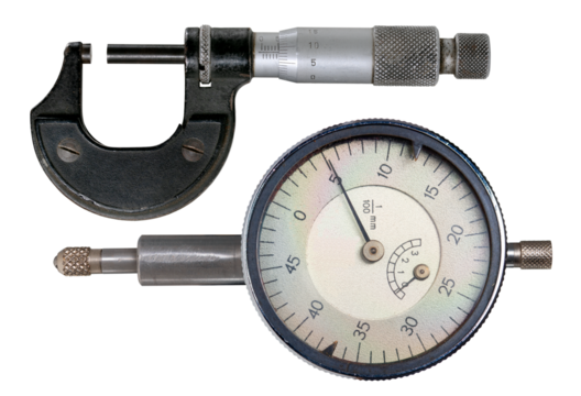 A micrometer for making precision measurements and a dial gauge for shaft runout measurements on an isolated background.