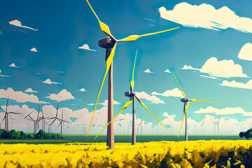 Wind turbines in the backdrop of a clear summer day. Generative AI