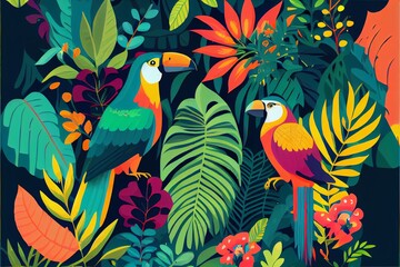 Tropical fauna pattern jungle vegetation with toucans and birds. Generative AI