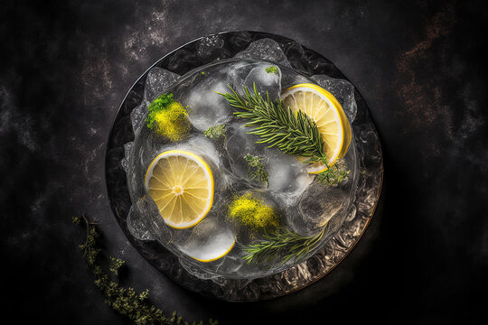 Alcoholic beverage (gin tonic cocktail) on a rustic black stone table with ice, lemon, and rosemary, top view. lemon and herbs in an iced beverage. Generative AI