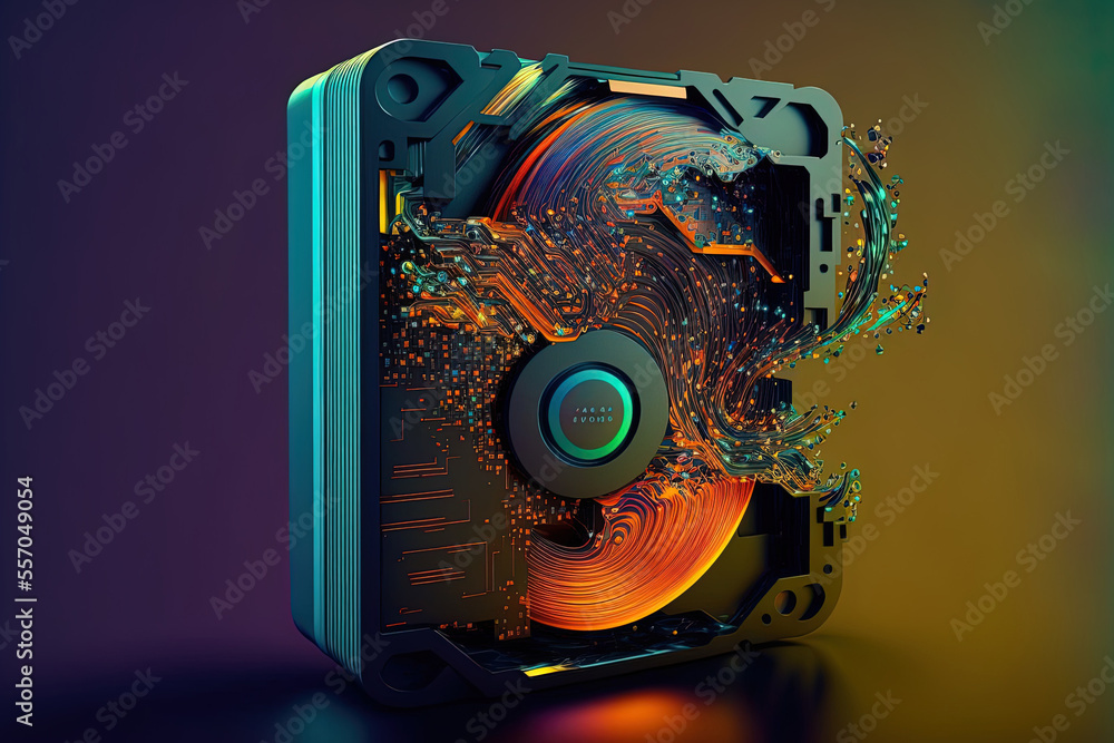 Aufkleber between other computer components, an open hard drive compromises the idea of digital data protectio