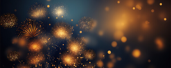 Fototapeta premium Gold and dark blue Fireworks and bokeh in New Year eve. colorful fireworks and Christmas lights. Vector festive illustration