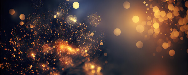 Gold and dark blue Fireworks and bokeh in New Year eve. Abstract background. Copy space. Celebration concept