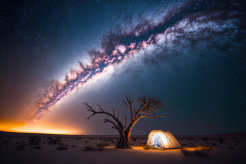 Beautiful milky way and galactic core nighttime scenery above camping in Namibia's Etosha National Park. Generative AI - obrazy, fototapety, plakaty
