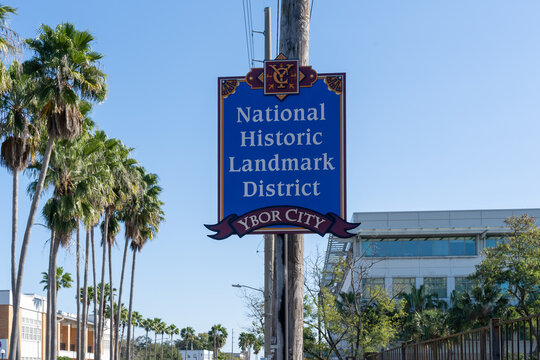 Tampa, FL, USA - January 8, 2022: Close up of Ybor City sign in Tampa, FL, USA. Ybor City is a National Historic Landmark district in Tampa known for boutiques shops and Cuban and Latin American foods