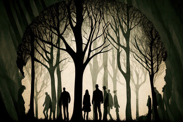Trees and people in shadows against a woodsy background. Generative AI