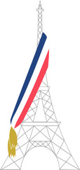 
The Eiffel Tower in Paris, France, with the blue, white and red tricolour scarf in the colours of the French flag, in a PNG file format