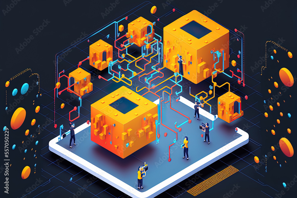 Aufkleber abstract isometric idea of blockchain technology. people work in the bitcoin mining industry, crypto