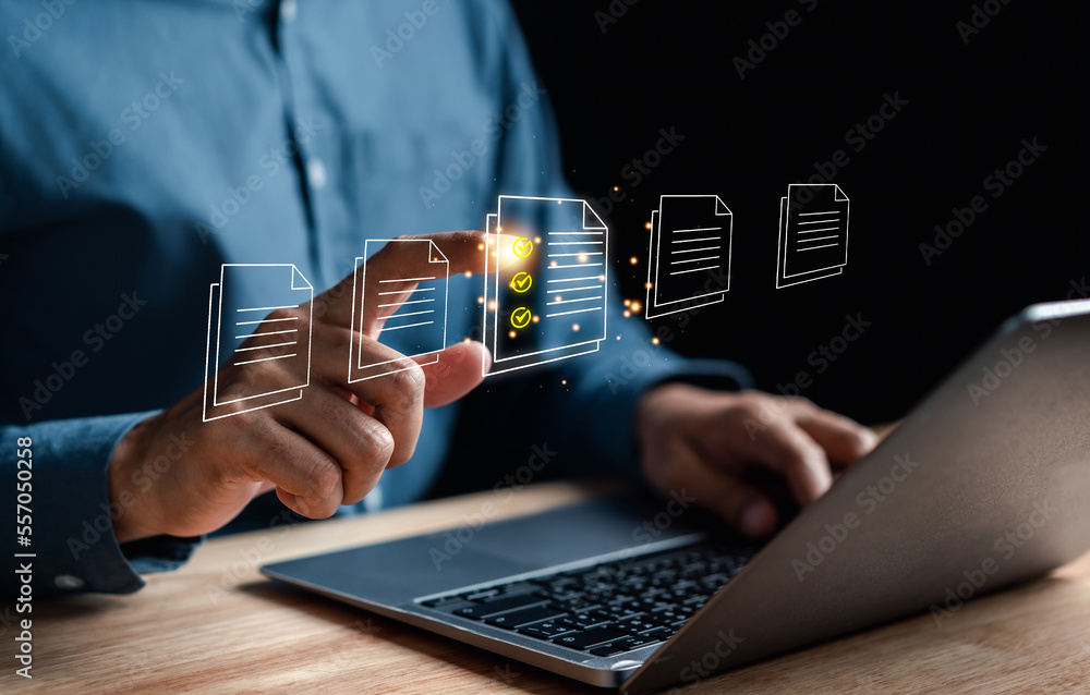 Poster Document Management System, online documentation database and process automation to efficiently manage files, knowledge and documentation in enterprise with ERP. Corporate business technology, DMS