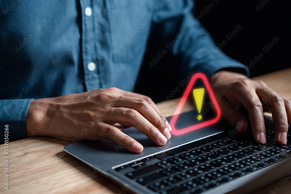 Aufkleber System warning caution sign for notification error and maintenance concept. cyber attack on computer network. Cybersecurity vulnerability, data breach, illegal connection, compromised information.