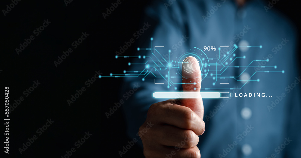 Poster Futuristic digital processing of biometric identification fingerprint scanner. concept of surveillance and security scanning of digital programs cyber futuristic applications..