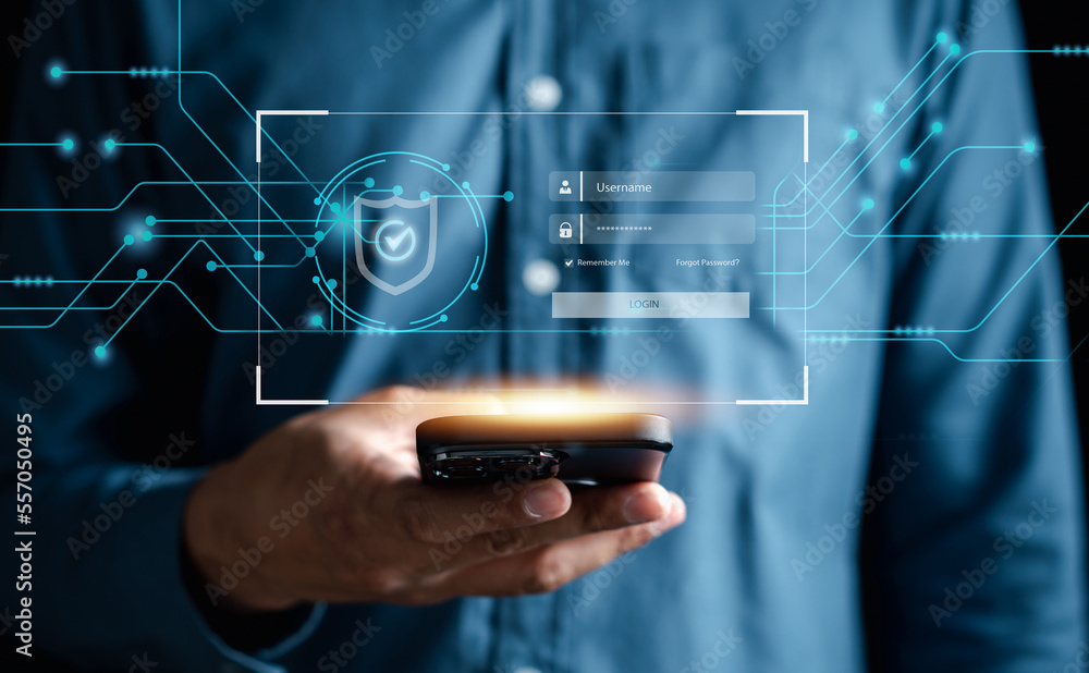 Poster Businessman using smartphone to access scanner fingerprint biometric data by input password security system, privacy data information, Futuristic technology concept.