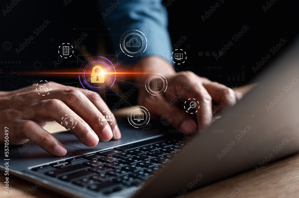 Poster Cybersecurity concept identity theft, Database hacks, internet cyber crime. hacker attack, Hacking and stealing data. damage the system and hack the data.