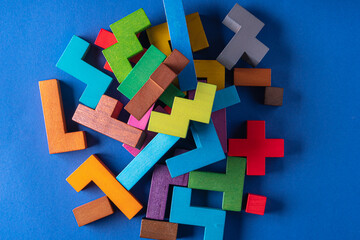 Wooden building blocks. Colorful puzzle element.