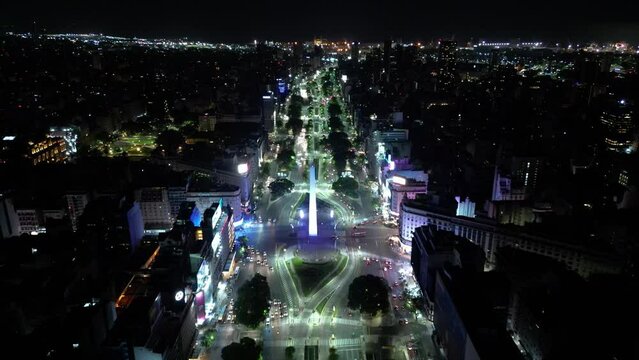 Buenos Aires, Obelisk at night, Aerial view, Drone
