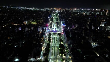 Buenos Aires, Obelisk at night, Aerial view, Drone