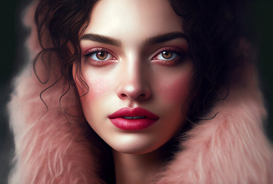 Beautiful woman wearing pink fur coat. AI generated image.