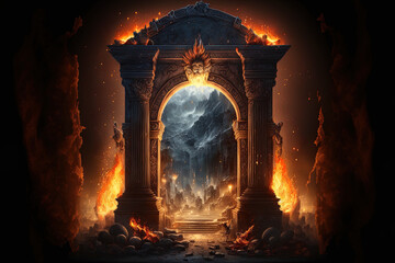 Illustration of a mystical stone doorway in flames with background of ancient statues, monuments of culture, and architecture, as well as an altar idol. Generative AI