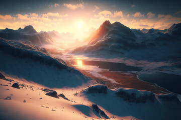 northern swedish mountains, snow, sunset, winter, art illustration