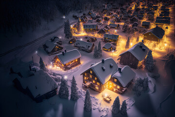 Beautiful nighttime aerial view of a Scandinavian country with slopes, a ski resort, and cottages lit up with lights, as well as a comfortable chalet residence coated in snow. Generative AI
