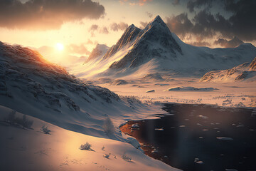 northern swedish mountains, snow, sunset, winter, art illustration - obrazy, fototapety, plakaty