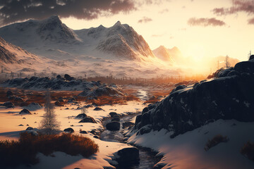 northern swedish mountains, snow, sunset, winter, art illustration