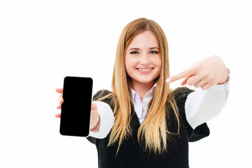 a blonde shows a blank screen of the smartphone on a white background. 