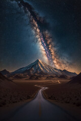 A road leading too distant mountain Milky Way sky  (Generative AI)