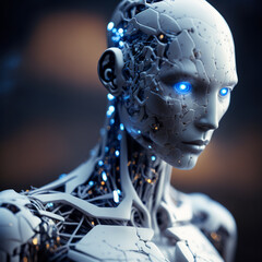 Detailed portrait of a humanoid robot. Close up portrait photo of android. Photorealistic illustration - obrazy, fototapety, plakaty