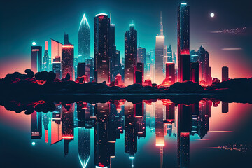 The neon lights of the city at night. neon lights reflected on the water. a contemporary metropolis with tall structures. City on the seaside, at night, on the streets. . Generative AI