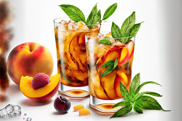 Ripe peaches in a refreshing iced drink on a white backdrop. Delicious Cuba Libre or Long Island iced tea cocktails in glasses with peaches. fruit beverage during the summer. Menus for bars, cafes, an