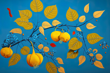 On a blue background, a plant composition in the manner of anime with yellow quince fruits and falling autumn leaves. Generative AI