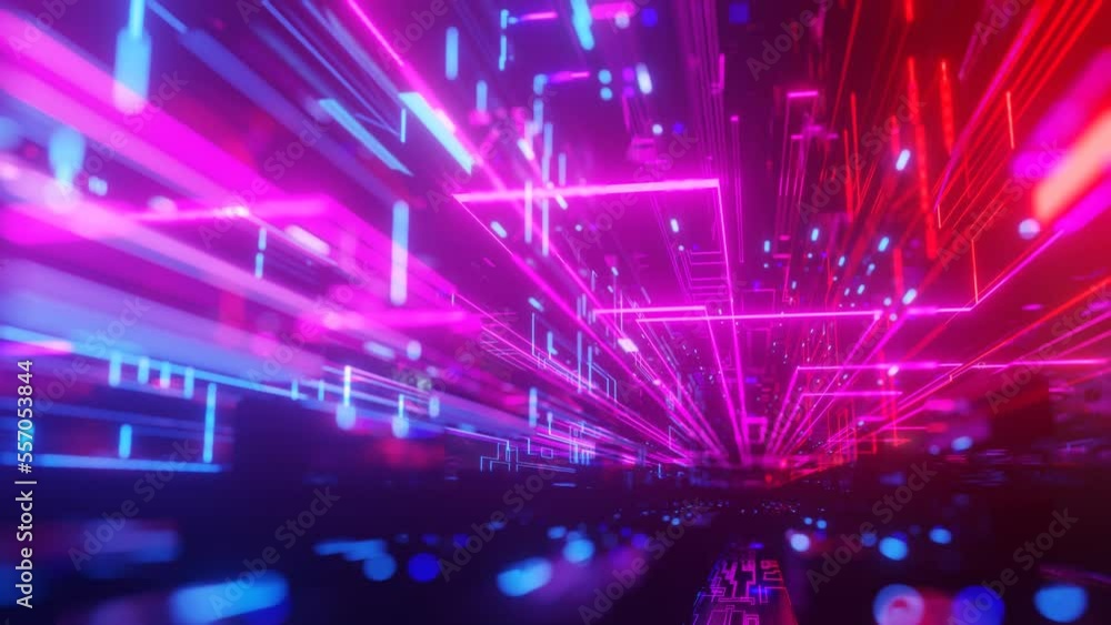 Poster pattern like sci-fi hologram. fly through technology cyberspace with neon glow. sci-fi flight throug