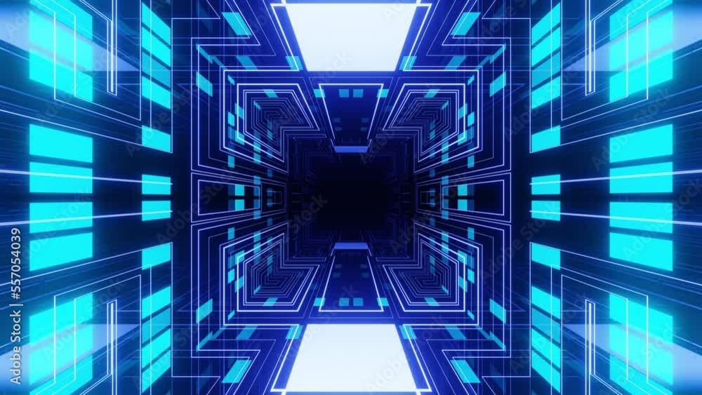 Poster 4k seamless looped animation. fly through mirror symmetrical tunnel with neon pattern, sci fi glow p