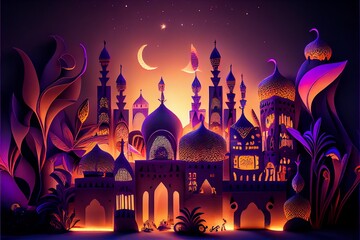 Fairy-tale Arabian night city towers and mussels concept art. Generative AI - obrazy, fototapety, plakaty