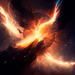 Abstract image of the energy of fire and lightning, which mix into something unified. High quality illustration