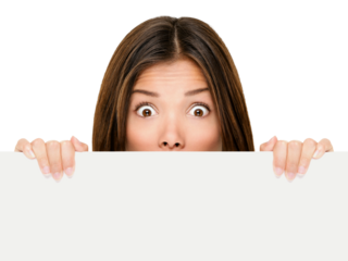 Woman playing golf surprised over golf swing. Female golf player with swinging golf club isolated cutout PNG on transparent background. Asian Caucasian woman.