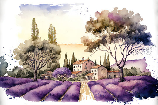 Scenic Lavender Farms Are Shown In A Hand Drawn Watercolor Picture. Painting Of A Landscape With Lavender Fields, A Home, The Sky, Trees, And A Plantation For Use As A Backdrop Or Illustration, Etc