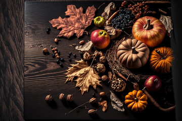 composition for a fall vacation On a dark rustic wooden background, dried leaves, pumpkins, apples, nuts, and cinnamons are shown. Fall, autumn, Thanksgiving Day, copy space, and anime style