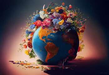 Ecological concept. Planet earth with flowers.