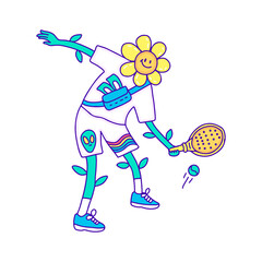 Cool sunflower character plying padel sport doodle art, illustration for t-shirt, sticker, or apparel merchandise. With modern pop style.
