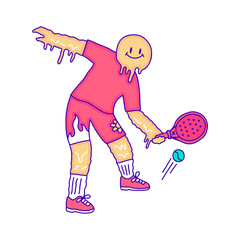 Hype melted smile emoji character playing padel sport doodle art, illustration for t-shirt, sticker, or apparel merchandise. With modern pop style.