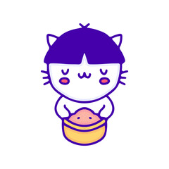 Cute cat with funny hair holding food doodle art, illustration for t-shirt, sticker, or apparel merchandise. With modern pop and kawaii style.